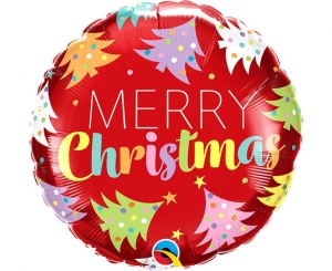 Balon foliowy Merry Christmas kolorowe choinki okrągły 18 cali
