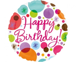 Balon foliowy Happy Birthday - kolorowe grochy okrągły 18 cali