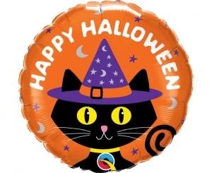 Balon foliowy Happy Halloween kot w kapeluszu okrągły 18 cali