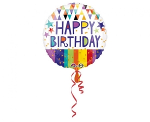 Balon foliowy Happy Birthday - Triangles Stripes & Stars okrągły 18 cali