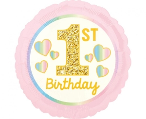 Balon foliowy 1 st Birthday różowy okrągły 18 cali