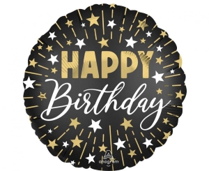 Balon foliowy Happy Birthday black silver gold okrągły 18 cali