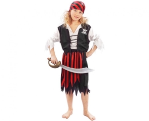 Strój dla dzieci Pasiasta Piratka (bluzka z kamizelką spódnica pasek chusta) rozm.110/120 cm