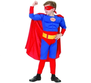Strój dla dzieci Superbohater z muskułami (kostium z muskułami peleryna maska pas) rozm. 120/130 cm