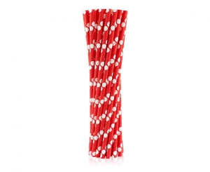 Słomki papierowe czerwone w białe groszki 19 cm 24 szt