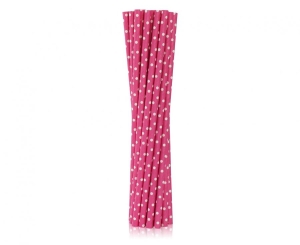 Słomki papierowe magenta w białe groszki 19 cm 40 szt