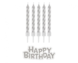 Świeczki urodzinowe Happy Birthday srebrne 16 szt
