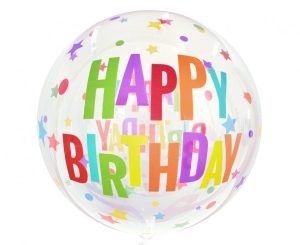 Balon Aqua - kryształowy Happy Birthday (gwiazdy) 20 cali
