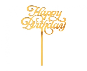 Dekoracja akrylowa na tort Happy Birthday złota 11 cm x 15 cm
