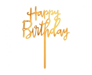 Dekoracja akrylowa na tort Happy Birthday złota 14 cm x 10 cm