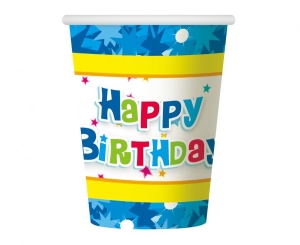 Kubeczki papierowe Happy Birthday niebieskie 270ml 6 szt