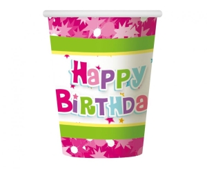 Kubeczki papierowe Happy Birthday różowe 270ml 6 szt
