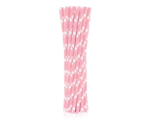 Słomki papierowe jasnoróżowe w białe groszki 19 cm 24 szt