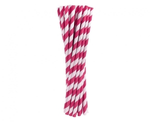 Słomki papierowe magenta paski 19 cm 24 szt