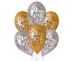 Balony Happy New Year złote i srebrne 12 cali 6 szt