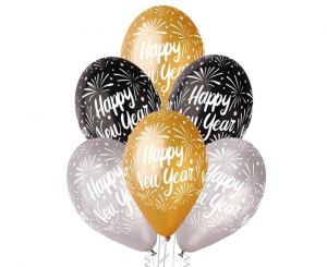 Balony Happy New Year złote srebrne czarne 12 cali 6 szt