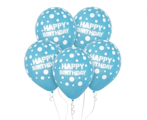 Balony Happy Birthday niebieskie w białe grochy 12 cali 5 szt