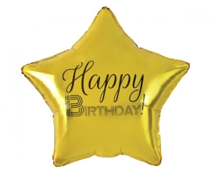 Balon foliowy Happy Birthday gwiazda złota nadruk czarny 19 cali