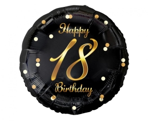 Balon foliowy Happy 18 Birthday czarny nadruk złoty 18 cali