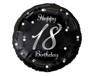 Balon foliowy Happy 18 Birthday czarny nadruk srebrny 18 cali