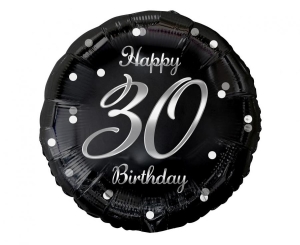 Balon foliowy Happy 30 Birthday czarny nadruk srebrny 18 cali