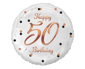 Balon foliowy Happy 50 Birthday biały nadruk różowo-złoty 18 cali