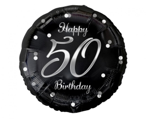 Balon foliowy Happy 50 Birthday czarny nadruk srebrny 18 cali