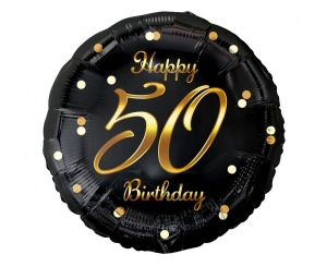 Balon foliowy Happy 50 Birthday czarny nadruk złoty 18 cali