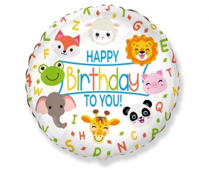 Balon foliowy Happy Birthday zwierzątka okrągły 18 cali