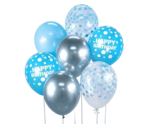 Bukiet balonowy srebrno-niebieski Happy Birthday 7 szt