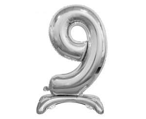 Balon foliowy cyfra stojąca 9 srebrna 74 cm