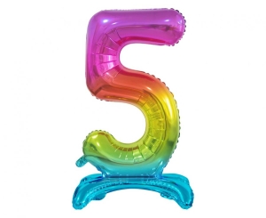 Balon foliowy cyfra stojąca 5 tęczowa 74 cm