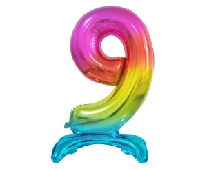 Balon foliowy cyfra stojąca 9 tęczowa 74 cm