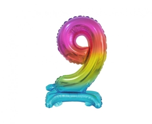Balon foliowy cyfra stojąca 9 tęczowa 38 cm