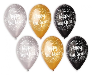 Balony Happy New Year złote srebrne czarne 12 cali 25 szt