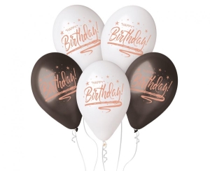 Balony Happy Birthday białe i czarne 13 cali 5 szt