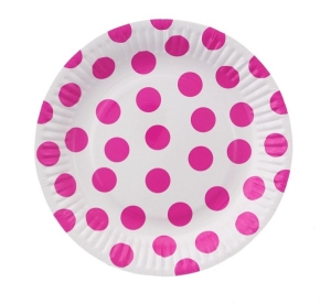 Talerzyki papierowe białe Groszki magenta 18 cm 6 szt