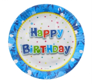 Talerzyki papierowe Happy Birthday niebieskie 18 cm 6 szt