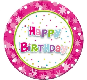 Talerzyki papierowe Happy Birthday (różowe) 18 cm 6 szt