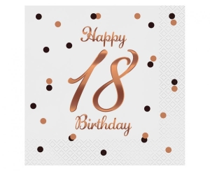 Serwetki Happy 18 Birthday białe nadruk różowo-złoty 33 cm x 33 cm 20 szt