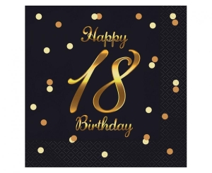 Serwetki Happy 18 Birthday czarne nadruk złoty 33 cm x 33 cm 20 szt