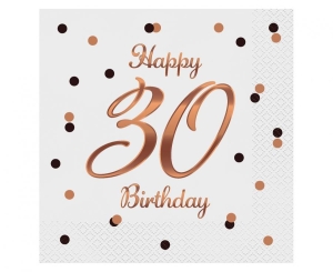 Serwetki Happy 30 Birthday białe nadruk różowo-złoty 33 cm x 33 cm 20 szt