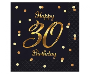 Serwetki Happy 30 Birthday czarne nadruk złoty 33 cm x 33 cm 20 szt