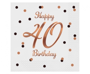 Serwetki Happy 40 Birthday białe nadruk różowo-złoty 33 cm x 33 cm 20 szt