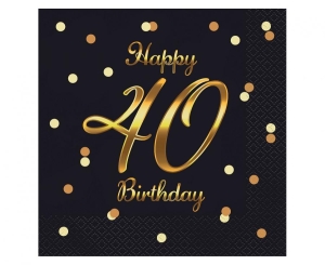 Serwetki Happy 40 Birthday czarne nadruk złoty 33 cm x 33 cm 20 szt