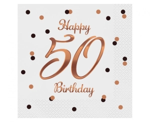 Serwetki Happy 50 Birthday białe nadruk różowo-złoty 33 cm x 33 cm 20 szt