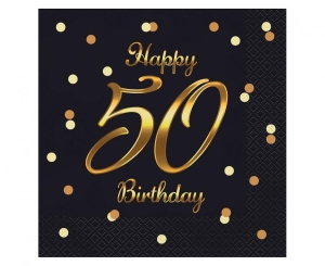 Serwetki Happy 50 Birthday czarne nadruk złoty 33 cm x 33 cm 20 szt