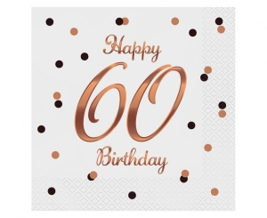 Serwetki Happy 60 Birthday białe nadruk różowo-złoty 33 cm x 33 cm 20 szt