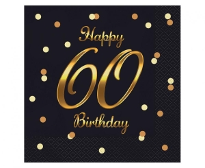 Serwetki Happy 60 Birthday czarne nadruk złoty 33 cm x 33 cm 20 szt