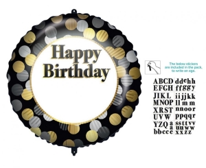 Balon foliowy 18 cali "Happy Birthday" - złoto-srebrne grochy